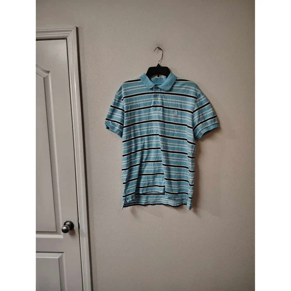 Chaps Mens Large Light Blue Striped Stretch Pique Short Sleeve Polo Shirt